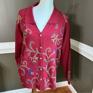 Jantzen Classics Dark Red Cardigan Sweater hand embroidered